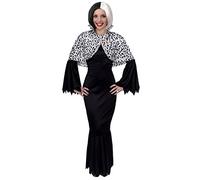 Déguisement de la célèbre femme cruelle aux Dalmatiens avec une robe noire + une cape couvrant les épaules + une perruque coupe carrée pour adulte. Idéal pour les fêtes d'Halloween. (XXLarge)