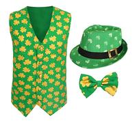 Déguisement de la Saint-Patrick - Gilet vert irlandais avec impression trèfle jaune + nœud papillon assorti + chapeau vert - Costume de supporter de rugby/football (taille XL)