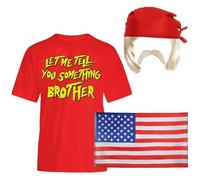 Déguisement de lutteur des années 1980 pour adulte - Bandana rouge, perruque blonde, t-shirt rouge avec imprimé slogan, moustache blonde drapeau américain - Tenue de lutte rétro pour fêtes et