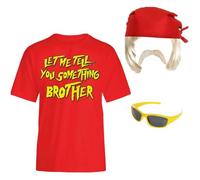 Déguisement de lutteur des années 1980 pour adultes - Bandana rouge, perruque blonde, t-shirt rouge avec imprimé slogan, moustache blonde, lunettes - Tenue de lutte rétro pour fêtes et Halloween