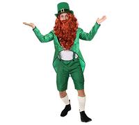Déguisement de luxe de Saint Patrick de Leprechaun pour adulte - Manteau vert à paillettes, pantalon vert avec bretelles, chemise blanche, chapeau haut-de-forme et fausse barbe/perruque (Grand)