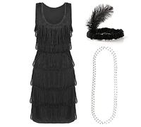 DÉGUISEMENT DE Luxe Flapper pour Femme - Robe À Franges des ANNÉES 1920 en Noir avec Un Couvre-Chef À Paillettes Assorti avec Plume - Taille: XX-Grand (EUR 46/48)
