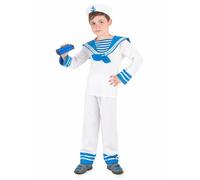 DEGUISE TOI - Déguisement marin bleu et blanc garçon - Haut - Pantalon - Chapeau - S 4-6 ans (110-120 cm) - Blanc - Déguisements enfants - 100% Polyester - Lavage à la main - Carnaval