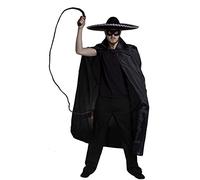 Déguisement de Masqué le justicier vêtu de noir avec un large sombrero + un masque pour les yeux + une cape noire + un fouet + une moustache fine pour adulte. Ideal pour les enterrements de vie de garçon.