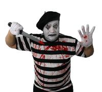 Déguisement de mime d'horreur avec un T-shirt à rayures blanches et noires + un beret + de la peinture pour le visage + du faux sang + une paire de gants blancs. Ideal pour les fêtes d'Halloween.