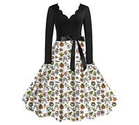 Deguisement De Noel Femme, Robe de thé Classique pour Femmes de Noël Robe à Manches Longues et col en V avec Ceinture Swing Robes de soirée Cocktail (Grey, M)