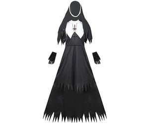 Déguisement de Nonne Femme Adulte, Robe Bonne Sœur Zombie d'halloween Effrayant, Costume de Nonne 4 Pièces avec Capuche de Sœur et Chaîne Croisée pour Halloween Carnaval Cosplay
