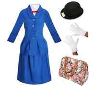 DÉGUISEMENT DE NOUNOU VICTORIENNE MAGIQUE POUR DAMES. PERSONNAGE DE LA JOURNÉE MONDIALE DU LIVRE/DE LA SEMAINE DU LIVRE. VESTE + JUPE + CHAPEAU DE MARGUERITE + GANTS + SAC EN SIMILI CUIR (X-PETIT)