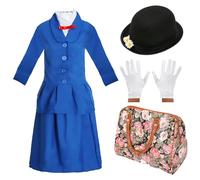 DÉGUISEMENT DE NOUNOU VICTORIENNE MAGIQUE POUR LES FILLES. CARACTÈRE DE JOURNÉE MONDIALE DU LIVRE/DE SEMAINE DU LIVRE. VESTE + JUPE + CHAPEAU DE MARGUERITE + GANTS + SAC EN SIMILI CUIR (PETIT)