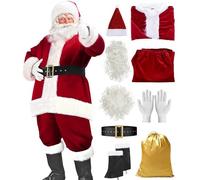 Déguisement de Père Noël pour Adulte, Ensemble 9 Pièces Complet Classique Costume de Cosplay du Père Noël Rouge en Velours Luxe, Santa Claus Tenue Halloween Fêtes Party Carnaval Unisexe