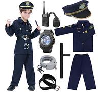 DéGuisement de Policier Enfant Costume De Police Avec Accessoires Chemise,Pantalon,Chapeau,Ceinture,Pistolets et éTui de Pistolet,Ensemble de Flic Talkie-Walkie Pour Carnaval Halloween，Bleu XS