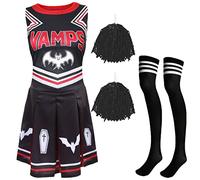 Déguisement de pom-pom girl vampire d'Halloween pour femme - Taille L - Robe de pom-pom girl noire et rouge, pompons noirs et blancs - Déguisement de capitaine d'Halloween pour adulte