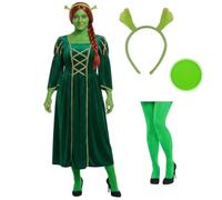 Déguisement de princesse ogre pour adultes - Fiona verte avec oreilles d'ogre, couette, collants verts standard et peinture pour le visage - Parfait pour les contes de fées, les films et Halloween