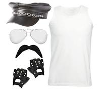 Déguisement de rockstar des années 80 pour adulte - gilet blanc + lunettes de soleil miroir + gants noirs + moustache noire - Déguisement de musicien des années 80 (taille XL)