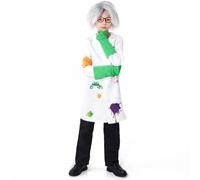 Déguisement de Scientifique Enfant Fille Garçon Déguisement de Docteur Blouse de Laboratoire Manche Longue avec Cadre pour les yeux, nœud papillon, gants, perruque, 7 Pièces (Blanc,8-10 ans)