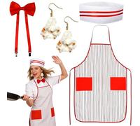 Déguisement de serveur/serveuse des années 1950 pour adulte, comprenant une toque de chef,des boucles d'oreilles popcorn,un nœud papillon et un tablier rayé à poches.Idéal pour le carnaval,Mardi Gras.