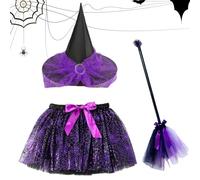 Déguisement De Sorcière D'Halloween Pour Fille - Robe Tutu D'Halloween Pour Fille Avec Chapeau Et Balai | Ensemble D'accessoires De Déguisement Sorcière Amusant Pour Bals Masqués, Violet (L)