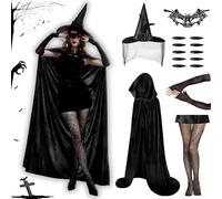 DéGuisement De SorcièRe Noire Halloween Pour Femme, Ensemble De 6 Costumes D'Halloween Pour Femme Avec Cape De Vampire Noire De 130 Cm, Chapeau De SorcièRe, Gants En Dentelle Pour Carnaval Et FêTe