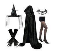 Déguisement de Sorcière pour Femmes Adultes | Set de Chapeau de Sorcière | Cape Halloween, Gants, Masque en Dentelle, Chaussettes pour Concert, Cosplay, Mariage Gothique, Bal, Événements et Fêtes