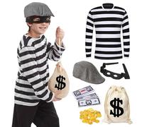 Déguisement de Voleur Enfants, Prisonnier Costume Garçons Filles Braqueur de Banque Casquette à Visière Manches Longues Rayées Casquette Gants Sac Espèces en Dollars Cosplay Carnaval Halloween (XL)