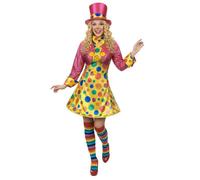 DEGUISE TOI - Déguisement clown amusant femme - Robe - Veston - Chapeau - Nœud papillon - S - Coloré - Déguisements adultes - 100% Polyester - A la main - Carnaval