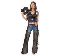 DEGUISE TOI - Déguisement cow girl femme - Chapeau - Haut - Sur-pantalon - S - Noir - Déguisements adultes - 100% Polyester - Lavage à la main - Carnaval