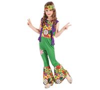 Deguisetoi Déguisement hippie FlowerPower vert fille – T-shirt, gilet, pantalon, bandeau – S 4-6 ans