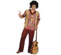 DEGUISE TOI - Déguisement hippie motif rouge homme - Chemise avec gilet - Pantalon - Médaillon - Bandeau - L - Marron - Déguisements adultes - 100% Polyester - A la main - Carnaval