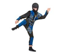 DEGUISE TOI - Déguisement ninja bleu et doré garçon - Pantalon - T-Shirt - Plastron - Protège-tibias - Manchettes - Cagoule - S 4-6 ans (110-120 cm) - Bleu - Déguisements enfants - - Lavage à la
