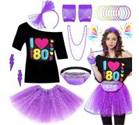 Déguisement des années 80 pour femme et fille - Ensemble d'accessoires avec t-shirt, jupe, tutu, sac, gants, bandeau, boucles d'oreilles, collier, bracelets pour femmes et filles - Thème rétro pour