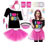 Déguisement des années 80 pour femme et fille - Ensemble d'accessoires avec t-shirt, jupe, tutu, sac, gants, bandeau, boucles d'oreilles, collier, bracelets pour femmes et filles - Thème rétro pour