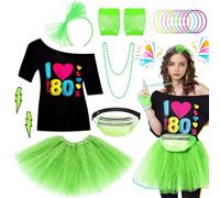 Déguisement des années 80 pour femme et fille - Ensemble d'accessoires avec t-shirt, jupe, tutu, sac, gants, bandeau, boucles d'oreilles, collier, bracelets pour femmes et filles - Thème rétro pour
