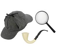 Déguisement Détective Anglais I Chapeau Deerstalker Sherlock Grise I Pipe I Loupe Noire 17 cm I Carnaval