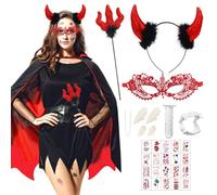 Deguisement Diable Femme, Costume d'Halloween pour Femme, Vampire Cape Rouge avec Corne Diable, Fourchette de Diable, Dents de Vampire, Cape de Diable Adulte Femme Costume pour Halloween Carnaval (A)