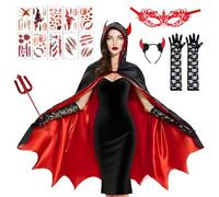 Deguisement Diable Femme, Halloween Deguisement Cape de Vampire Femme, Cape Réversible Cornes, avec Baton du Diable, Cache-œil et Gants en Dentelle, Costume Carnaval Halloween Adulte
