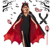 Deguisement Diable Femme,Noir Rouge Réversible Cape avec Baton du Diable,Cache-œil en Dentelle et Gants en Dentelle,Cape Vampire Fille,Deguisement Halloween Femme pour Halloween,Carnaval,Bal Masqué
