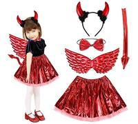 Déguisement Diablesse Fille Halloween, 5 Pièces Costume Enfant Avec Ailes Rouge, Jupe, Bandeau en Corne, Nœud Papillon, Queue