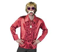 Déguisement disco années 70 pour homme - Perruque blonde, chemise disco rouge, médaillon doré, lunettes violettes et moustache blonde - Costume funky - Chemise rouge (grande taille)