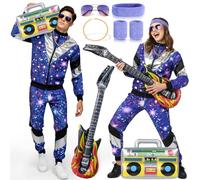 Déguisement Disco Années 80 Homme Femme, Deguisement Hippie Ensemble de Costume Rétro Brillant avec Guitare Gonflable, Boombox, Bandeau, Poignets, Lunettes, Tenue 80s pour Soirée, Carnaval, Halloween