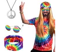 Deguisement Disco Femme Homme, Déguisement Perruque Hippie avec Lunettes, Collier de Paix, Bandeau Tie-Dye, Ensemble de Costume Hippie Années 80s 70s 60s - pour Cosplay Fête Carnaval Halloween
