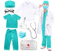 Déguisement Docteur Enfant 7 Pièces: Carnaval Jeu d'imitation Docteur Kit Médecin Malette avec Stéthoscope Lunettes Manteau pour Garçon Fille 3 4 5 6 7 8 9 10 Ans-Costume de médecin pour Cosplay (130)