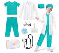 Déguisement Docteur Enfant 9 Pièces: Carnaval Jeu d'imitation Docteur Kit Médecin Malette avec Stéthoscope Lunettes Manteau pour Garçon Fille 3 4 5 6 7 8 9 10 Ans-Costume de médecin pour Cosplay (110)