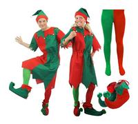 DÉGUISEMENT ELFE EFFRONTÉ POUR HOMME ET FEMME - COSTUME DE ELFE DE NOËL POUR HOMME ET FEMME EN ROUGE ET VERT AVEC DES GRELOTS, UN CHAPEAU ELF ET DES CHAUSSURES ELF - TAILLE: XXXX-GRAND