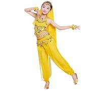Déguisement Enfant, Costume Danse Orientale, Pantalons Carnaval Fille 5 Pièces Haut + Pantalon + chaîne de Taille + Voile + Coiffe + Bracelet Ensemble Indienne Princesse Spectacle Cosplay