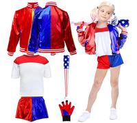 Deguisement Enfant, Costume Enfant Cosplay Fille Joker Quin-n Cosplay Deguisement T-shirt Veste Short et Gants Gonflable Baseball Costumes Fille Deguisement Halloween Carnaval Joker Clown Cosplay