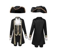 Deguisement Enfant Noble 18Ème Siècle en Uniforme, Ensemble Costume Enfant Aristocrate Rétro avec Manteau Long, Pantacourt, Tricorne et Jabot Dentelle, pour Fête Costumée, Carnaval, Halloween, Cosplay