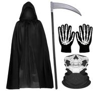 Deguisement Faucheuse Adulte, Déguisement Faucheur Halloween, Cape à Capuchon pour Halloween avec Masque de Crâne et Gants de Crâne, Costume de Faucheuses Squelette, Pour Halloweens, Jeu De Rôle