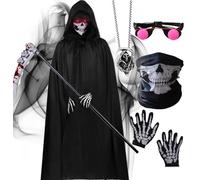 Déguisement Faucheuse Enfant Adulte Scream Cape Faux Faucille Costume Grim Reaper Hooded Robe Garçon Couvre-chef de Squelettes Gants Lunettes Halloween (110 (4~6 ans))