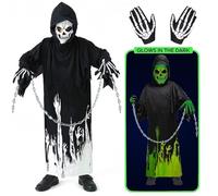 Déguisement Faucheuse Enfant Costume Faucheuse Phosphorescent Ghostface Costume Costume à Capuchon fantôme des ténèbres avec Faucheur Noire Gants Carnaval Halloween FêTe Carnaval Cosplay Outfit 01,M
