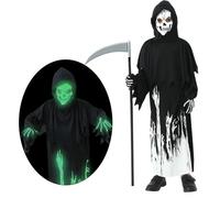 Deguisement Faucheuse Enfant Fantôme Robe Lumineux Costume Grim Reaper Cape Garcons Hooded à Capuchon Noire Gants Faucille Halloween Cosplay (S)